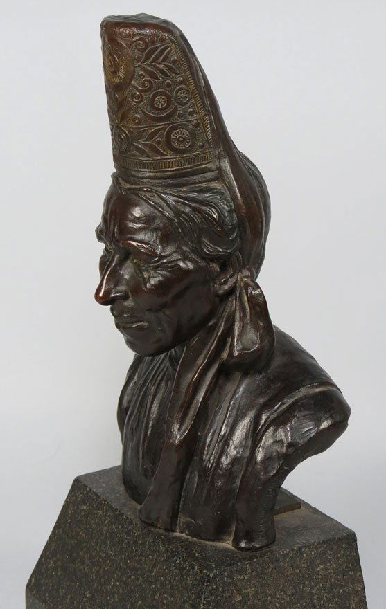 MALVINA HOFFMAN (American, 1885-1966): bust of (Slavic) woman with head dress sgn. Malvina Hoffman..?..Alexis Rudier, Fondeur Paris 11”h; on 4.75”plinth