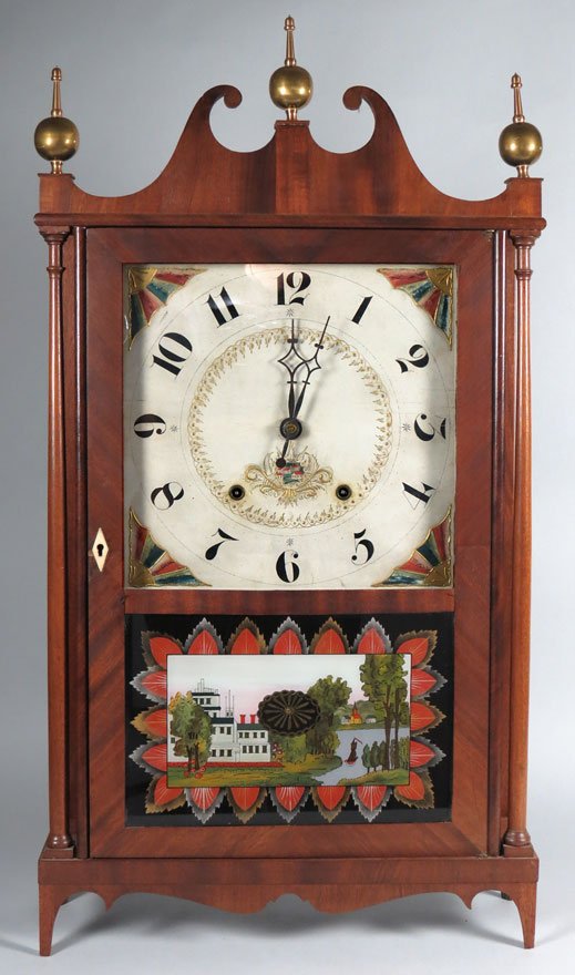 FEDERAL MAHOGANY PILLAR AND SCROLL SHELF CLOCK: paper label: Riley Whiting, Winchester, Conn. 30-hour movement, wood dial with painted spandrals and little village scene enclosed in gilt design to center, door with eglomise tablet showing large whi