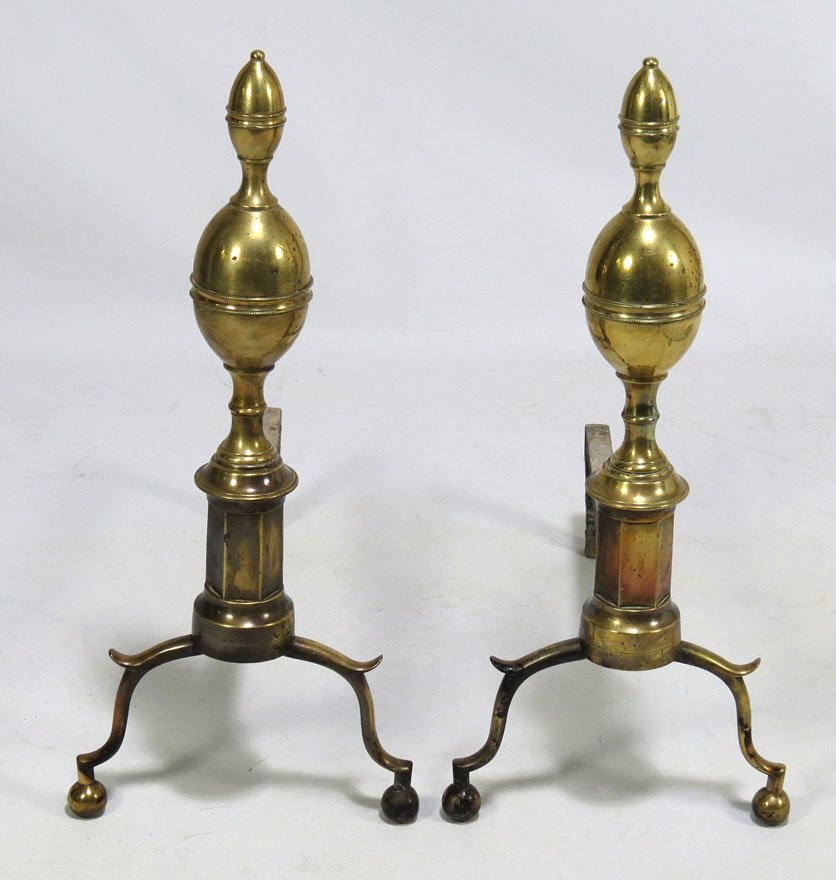 PAIR OF FEDERAL BRASS DOUBLE LEMON-TOP ANDIRONS: spur legs on ball feet, 21”