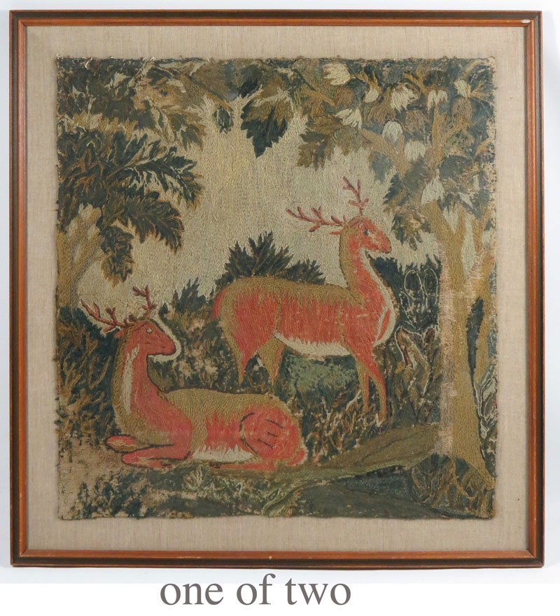 (2) LARGE NEEDLEWORK PICTURES: one of two deer in a landscape, 26 by 27 in.; the other, a bouquet of flowers, 27 by 29 in., both framed under glass Prov.: Loaned from the permanent collection of the Folk Arts Center..670 5th Ave.,