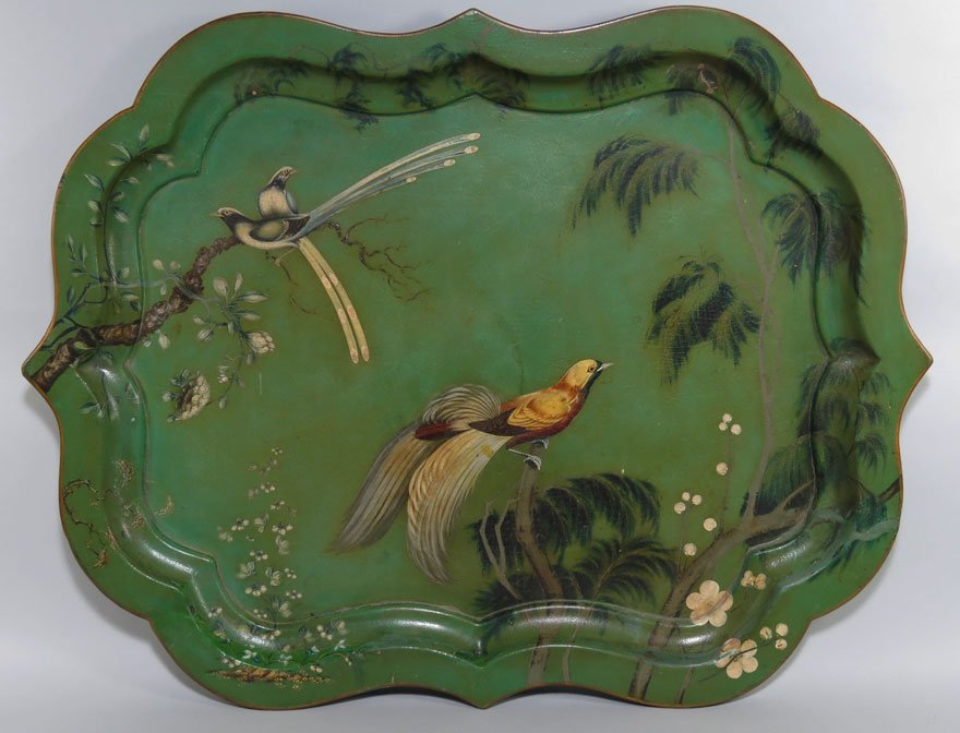 19TH C. ENGLISH PAPIER MACHE TEA TRAY: shaped molded edge, original green paint with bird, tree and floral branch decoration stamped on reverse in gold stencil: Thomas Wilkinson, 77 Quadrant, Regent Street 25”h; 32”w