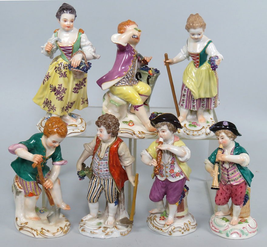 (7) GROUP OF MEISSEN FIGURINES: 19th c., allwith blue cross swords mark various adolescents, peasant farmers, musicians, girls with grapes, etc., all approx. 5.5”