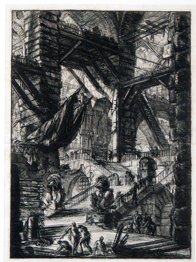GIOVANNI BATTISTA PIRANESI (Italian, 1720-1788) after: From the Prison (Carceri) Series of sixteen fantastical prison prints l.l. Piranesi F. image 21.5 by 15.75 in., matted, framed under glass.