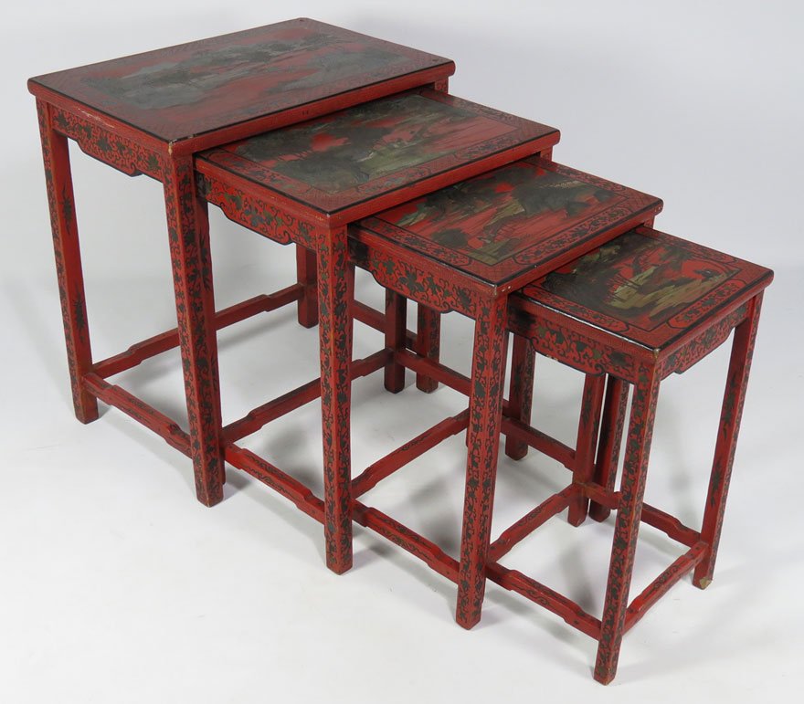 CHINESE CHINOISERIE NESTING TABLES: four tables, each with different landscape to top, largest, 26”h; 23”w; 16”d; smallest, 22”h; 12”w; 10.5”d