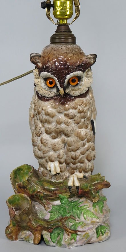 CONTINENTAL PORCELAIN OWL, MOUNTED AS LAMP: green cross swords mark, 14”h