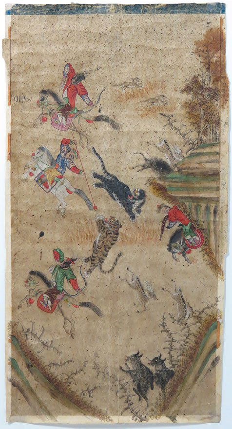 SET OF (4) CHINESE/MONGOLIAN COLORED INK PAINTINGS: 18th c. or earlier, on paper, hunters on horseback with bows and arrows, spears and early flintlock guns killing a variety of animals incl. tigers, birds, etc., each panel 32.75” by 17”