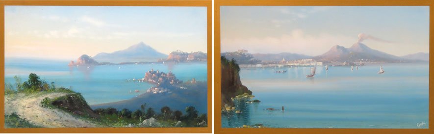 (pair) AUGUSTO CORELLI (Italian, 1853-1910): views of Bay of Naples sgn. l.r. Corelli, gouache on paper, 8 by 13.75 in., matted, framed under glass