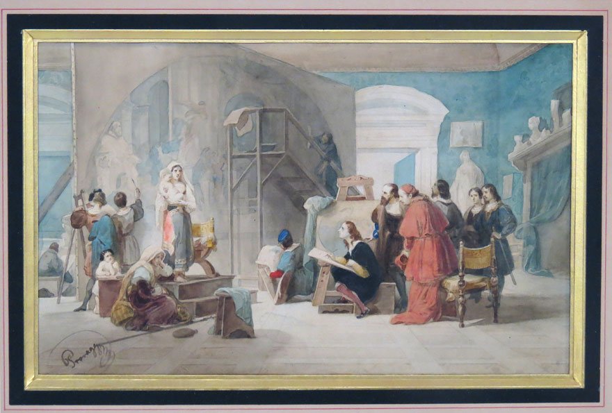 CESARE PROVAGGI (Italian, 19th c.): Raphael painting the Madonna for the Sistine Chapel sgn. l.l. Provaggi, watercolor, 9 by 14.5 in. (sight), matted, framed under glass