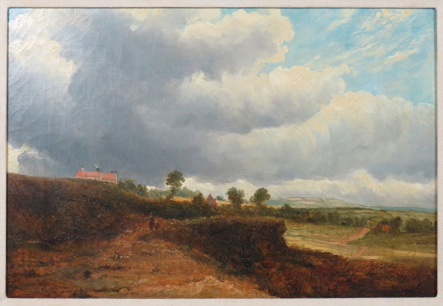 JAMES FRANCIS WILLIAMS (Scottish, 1785-1846): moors landscape with house on hill sgn. l.l. J F Williams, o/c, 14 by 20.5 in., framed Period ink script on stretcher: Moorland landscape painted by F Williams...born 1785... died October 1846 William