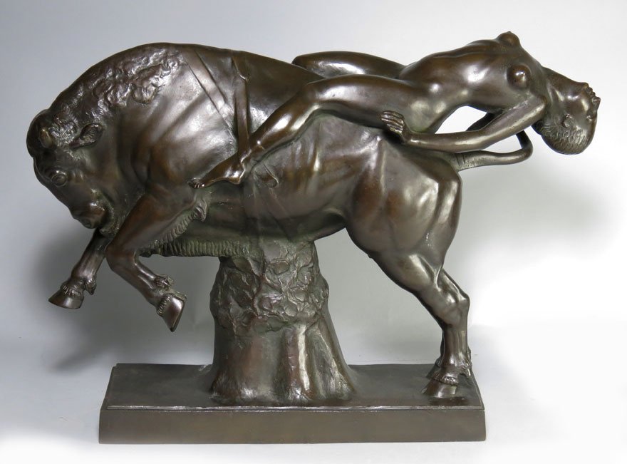 OTTO MAITH (German, 20th c.): Dirce tied to the Farnese bull sgn. Otto Maith bronze, 14”h; overall length 20”