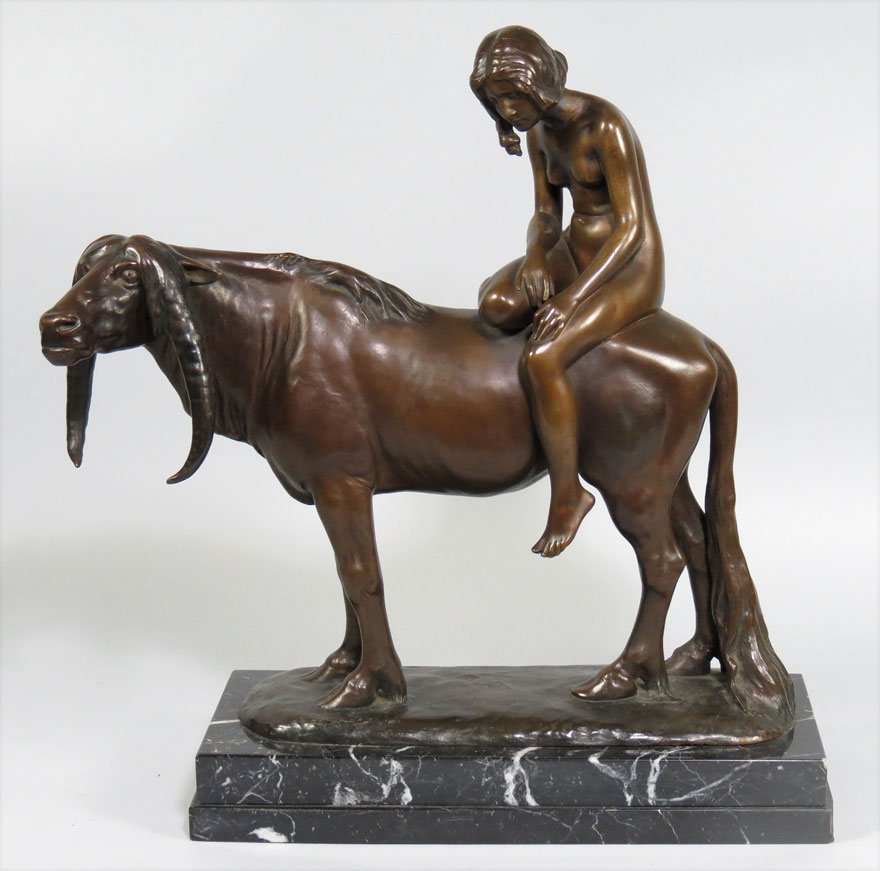 HERMANN HAASE-ILSENBURG (German, 1879-1960): nude woman seated on a fabled beast sgn. H. HAASE; mark: Gladenbeck & Sohn bronze, 16”h; 12.5”w; 4”d; mounted on 2”h black marble base