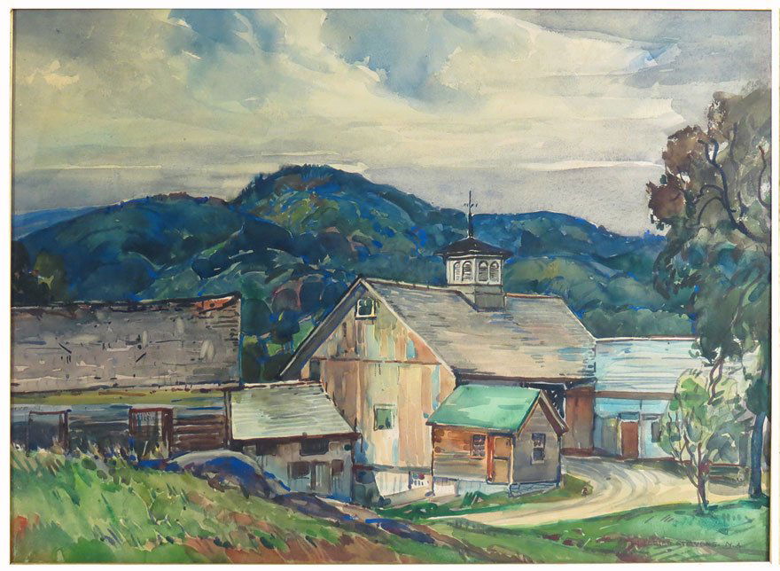 WILLIAM LESTER STEVENS (American 1888-1969): New England landscape with barns sgn. l.r. W Lester Stevens, N. A. watercolor, 20.5 by 28.5 in. (sight), framed under glass