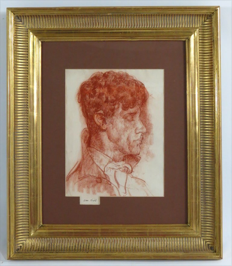 LEON KROLL (American, 1884-1974): study for portrait of composer Leo Ornstein (1893-2002) sgn. l.l. Leon Kroll red chalk on paper, 13.5 by 10.5 in. (sight); gold frame, matted, under glass Along with book “Leo Ornstein, The Man-His
