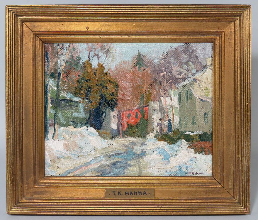 THOMAS KING HANNA (American, 1872-1951): Snowed in sgn. l.r. T. K Hanna, o/masonite, 8 by 10 in., gilt frame old paper label on reverse: Salmagundi Club Thumb-box Exhibition with artist and title; Price: $25.00