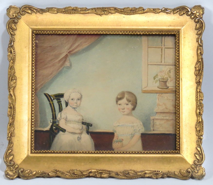 AMERICAN PRIMITIVE, 19th c.: two children in an interior setting unsigned, watercolor (glued down on board), 6.75 by 7.75 in., gilt frame under glass old framers label on reverse: T. W. Norman & Co., Boston