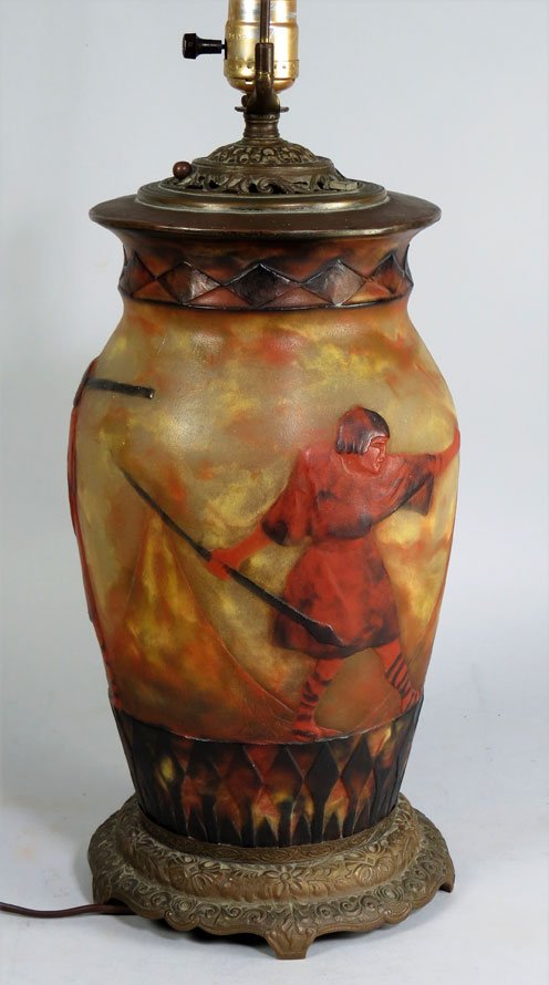ARGY-ROUSSEAU CAMEO GLASS LAMP: Gabriel Argy Rousseau (French, 1885-1953) sgn. G. ARGY-ROUSSEAU Pate-de-verre glass with figural decoration of three Native American warriors holding spears and shields, tepees in the background; moun