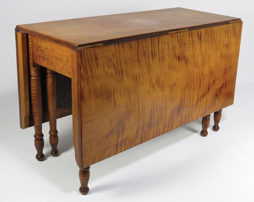 NEW ENGLAND SHERATON TIGER MAPLE DROP-LEAF DINING TABLE: deep rectangular drop leaves, on turned legs, 29”h; 48”long; 18.5”d with 21”leaves