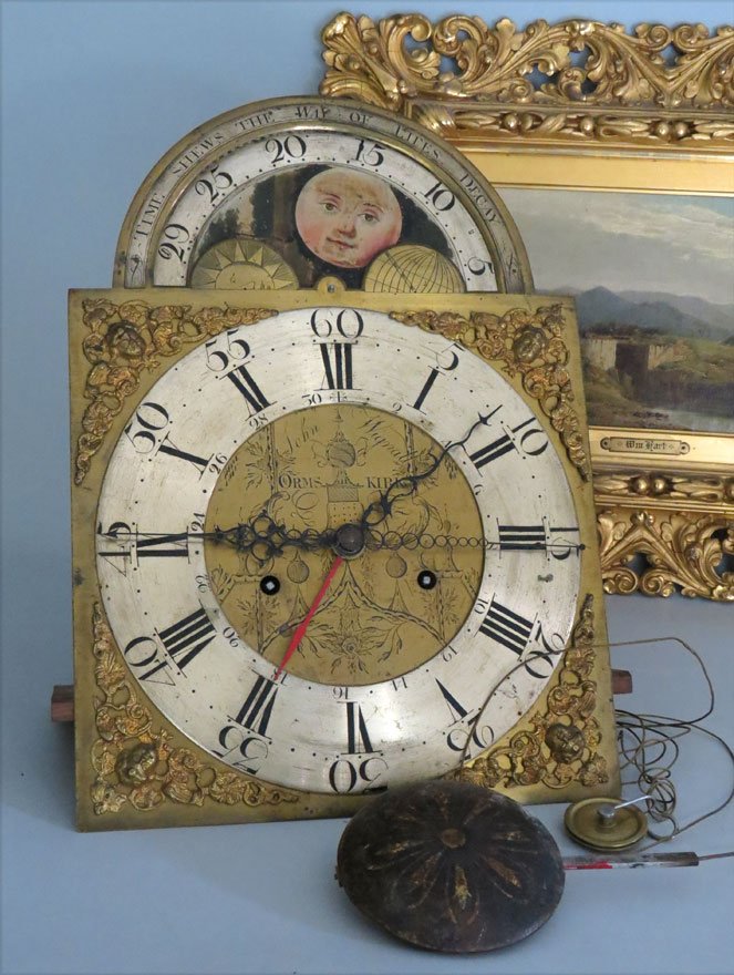 ENGLISH CHIPPENDALE MAHOGANY TALL CLOCK: engraved brass dial signed John Wignall, ORMS KIRK moon phase movement, silvered chapter rings with raised brass corner spandrals, hood with broken arch cornice, full fluted columns flanking tombstone
