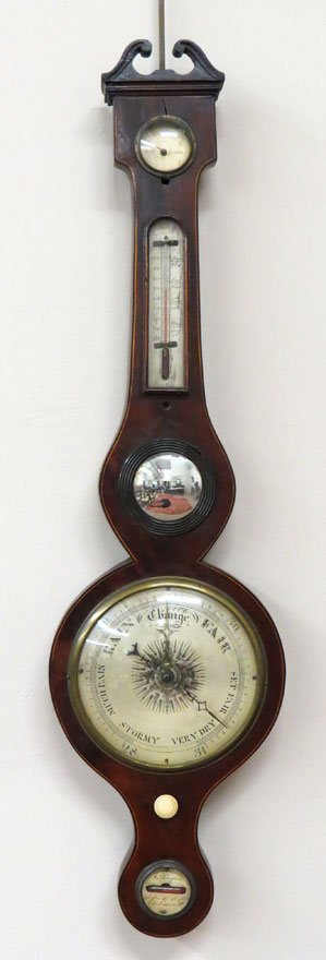 ENGLISH MAHOGANY BANJO BAROMETER/THERMOMETER: sgn. A. Payne, 5 Eyre St. Hill, Clerkenwell, 38.5”h