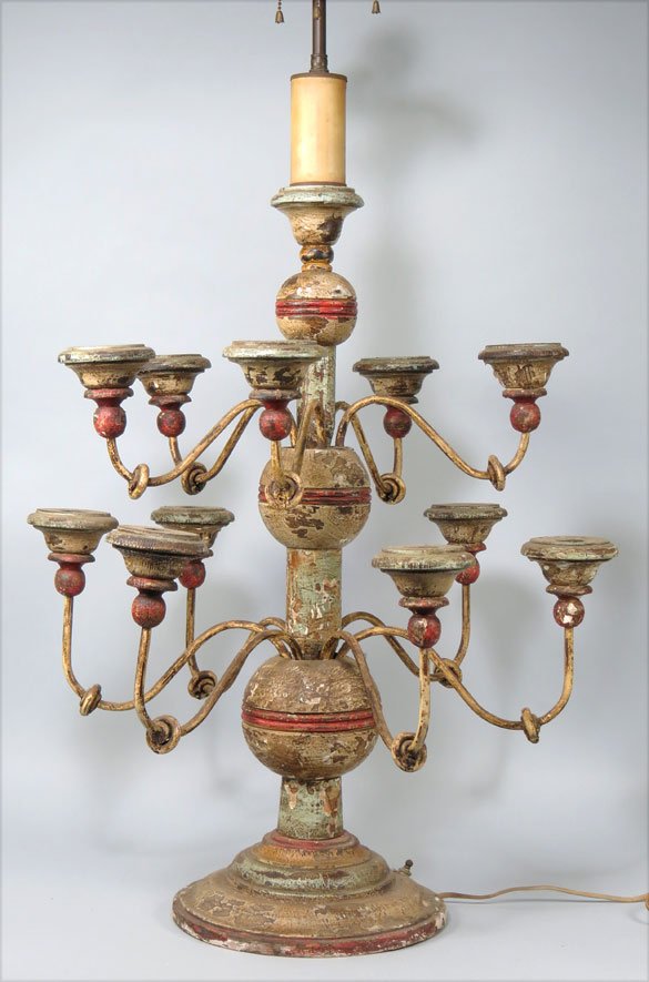 CONTINENTAL POLYCHROMED 11-LIGHT CANDELABRUM: 18/19th c., converted to electricity two tiers of shaped metal arms with painted wood candle sockets (these not electrified) mounted on turned double-orb post, 27”h not incl. light fixture