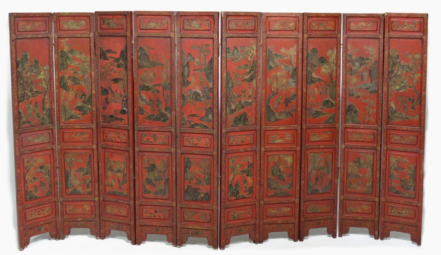 CHINESE RED LACQUERED 10-PANEL LOW SCREEN: 19th c., double-sided, the front with figures in various landscapes, the other side with birds in branches and florals, each panel 43”h; 7.5”w