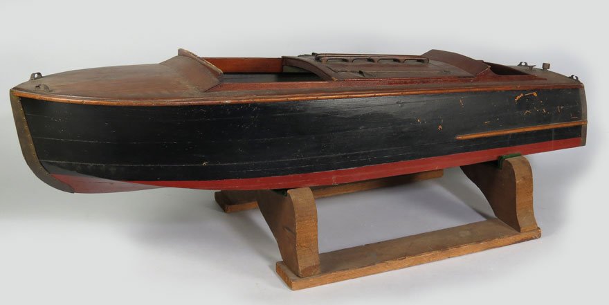 WOOD MODEL OF CHRIS CRAFT MOTORBOAT: original paint and surface, on wood stand, 39”long