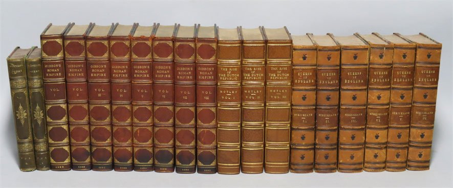 (19) VARIOUS LEATHER BOUND BOOKS: 8 vols. Gibbons, A., Gibbons Roman Empire, London, John Murray, 1908; along with 6 vols., Strickland, A., Queens of England, Philadelphia, 1855; 3 vols., Motley, J., Rise of the Dutch Republic, New Yo