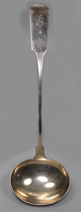 AMERICAN FEDERAL COIN SILVER PUNCH LADLE: c.1825, marked verso W. A. WILLIAMS William A. Williams, Washington, D. C. fiddle end, engraved EMD, 14”; 6.5 troy oz.