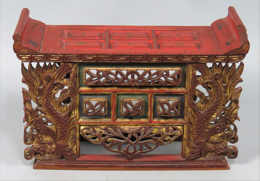 19TH C. CHINESE HOUSEHOLD ALTAR STAND: carved dragons to each side, red and gold paint, 7.5”h; 11.5”w; 4.5”d