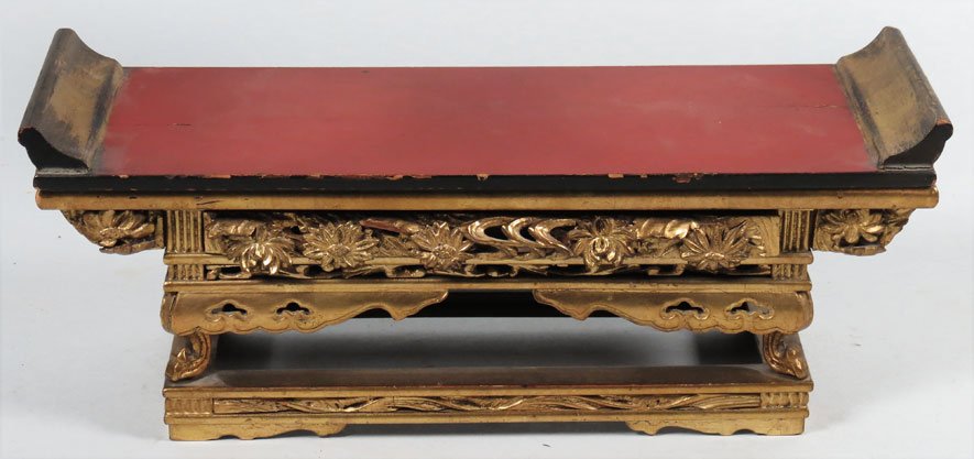 CHINESE CARVED AND GILDED SHRINE ALTAR: alter table-form, gilded carved chrysanthemum front and ends, removable red lacquer top, 5”h; 12”w