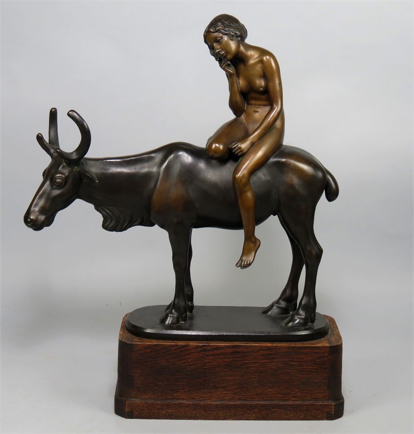 HERMANN HAASE ILSENBURG (German, 1879-1960): bronze, nude seated on bull, 16”h; 10”w; 4”d; mounted on 4”h wooden plinth sgn. HAASE-ILSENBURG mark: NW