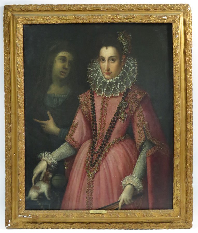 SPANISH SCHOOL, 16/17th c.: old label on reverse: Alonzo Sanchezcoella 1513-1590 three-quarter portrait of noblewoman with dog o/c (laid down), 31.5 by 39 in., antique carved gilt frame"