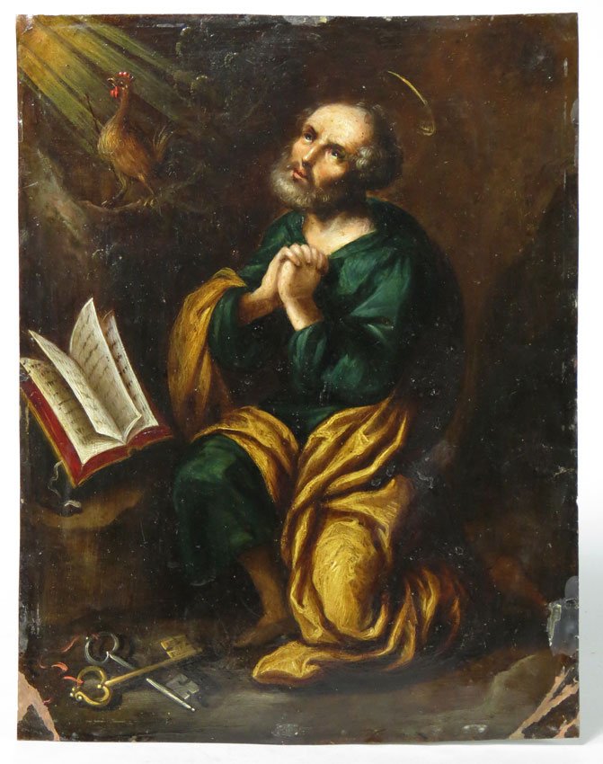 ROMAN SCHOOL, late 17th c.: St. Peter kneeling in prayer, rooster crowing in sky oil on copper, 8.75 by 6.75 in., unframed ink script on reverse: E and LLocos?...bill?rosa"