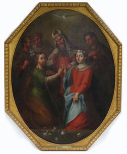 MIGUEL CABRERA (Antequera, New Spain (Mexico),: The Marriage of the Virgin sgn. & dated l.r. Michl Cabrera pinxt. ano 1737 o/c (relined), oval 40 by 30 in., gilt Abbate frame"