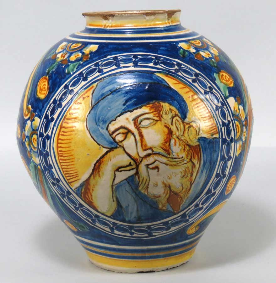 VENETIAN MAIOLICA PORTRAIT VASO A PALLA: 16th c., painted with medallion portrait of a bearded Turk, on overall floral and foliate scrollwork decoration, 12"h