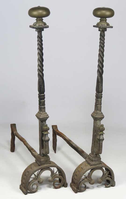 PAIR OF RENAISSANCE TALL ANDIRONS: brass ball tops, twist stem with spit rail holder, on heavy openwork and molded feet, 34"h