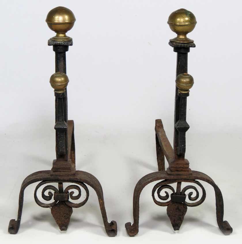 PAIR OF RENAISSANCE IRON ANDIRONS: brass ball top, molded column with spit rail holder, molded scrolled feet, 18"