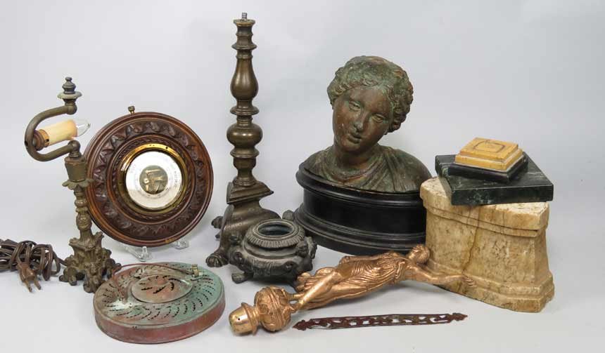 (on 10) MISCELLANEOUS BOXLOT: a bronze classical female bust, 7" (moisture verdigris), on wood base; an inkstand sans cover; bronze candlestick, socket missing; an early copper round lighting device; a gilt bronze classical female