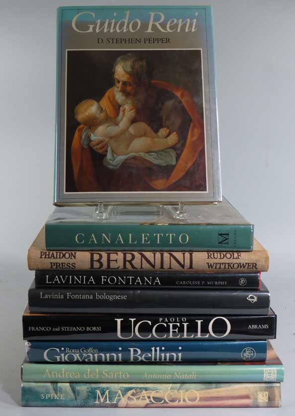 (9) LARGE BOOKS ON RENAISSANCE ARTISTS: Andre del Sarto, 1999; Giovanni Bellini, 1989; Guido Reni, 1984; Paolo Uccello, 1994; Masaccio, 1996; Canaletto, 1989; Lavinia Fontana, 2003; Lavinia Fontana Bolognese, 1989; Bernini, 1955