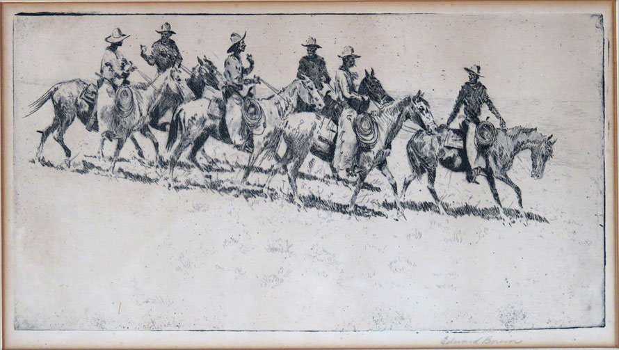 JOHN EDWARD BOREIN (American, 1872-1945): Arizona cow punchers sgn. in margin l.r. Edward Borein, etching, impression 4.75 by 8.75 in., matted, framed under glass; gallery label: FREDERICK KEPPEL & CO...Rare engravings and Etchings...39th St.