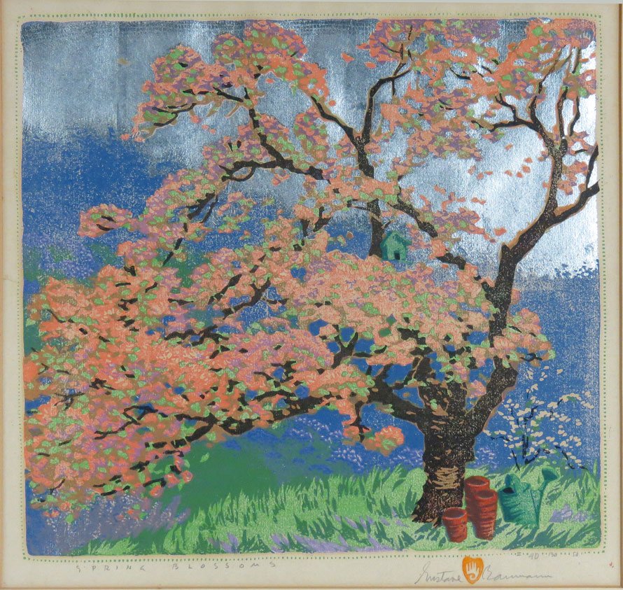 GUSTAVE BAUMANN (American, 1881-1971): Spring Blossoms sgn. and numbered l.r. Gustave Baumann with hand and heart watermark, #40 130 50 / titled l.l. Spring Blossoms color woodblock with aluminum leaf, 13.5 by 14 in. (sight), matted, frame