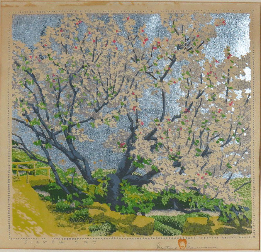 GUSTAVE BAUMANN (American, 1881-1971): Silver Sky sgn. and numbered l.r. Gustave Baumann with hand and heart watermark, 114 125, titled l.l. Silver Sky color woodblock with aluminum leaf, 13.5 by 14.25 in. (sight), matted, framed under gla