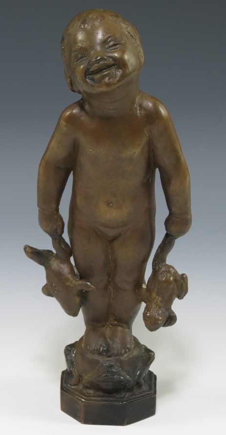 EDITH BARRETTO PARSONS (American, 1878-1956): The Frog Baby sgn. E.B.PARSONS cast bronze (brown patina), marked GORHAM, 7.25” Parsons’ Frog Baby, cast in 1937 and donated by Frank Ball, is set in the center of a fountain on the Ball State Uni