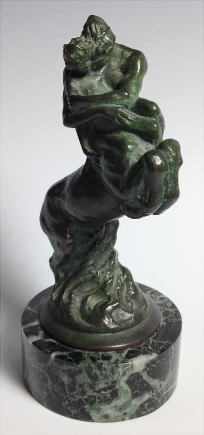SALLY JAMES FARNHAM (American, 1869-1943): rearing centaur holding woman sgn. in script, S.J. Farnham cast bronze (brown, green patina), 5.5”, on round marble plinth