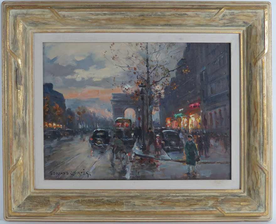 EDOUARD LEON CORTES (French, 1882-1969): Champs-Elysees, with Arc de Triomphe sgn. l.l. Edouard Cortes, o/c, 13 by 18 in., original carved frame Prov.: Purchased at auction in Chicago in 1954. Has remained in the family since that time.