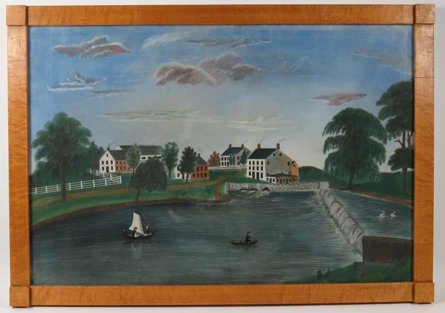 PRIMITIVE GOUACHE, NEW ENGLAND VILLAGE: overview with several buildings, lake with sail boat and man fishing in rowboat 20.5” by 30”, modern birds-eye maple frame, under glass Restorer’s note on reverse: Caroline A. Graboys, paper con
