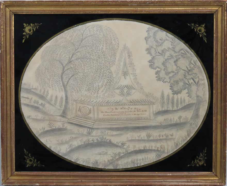 AMERICAN MOURNING PICTURE: In memory of Mr. Moses Bradstreet, who died Oct 20 1801 AE 28./and/Cynthia Bradstreet who died Oct 17. 1801. Aged 2 years...verse on left Blessed are the dead who die in the Lord. charcoal and ink on 