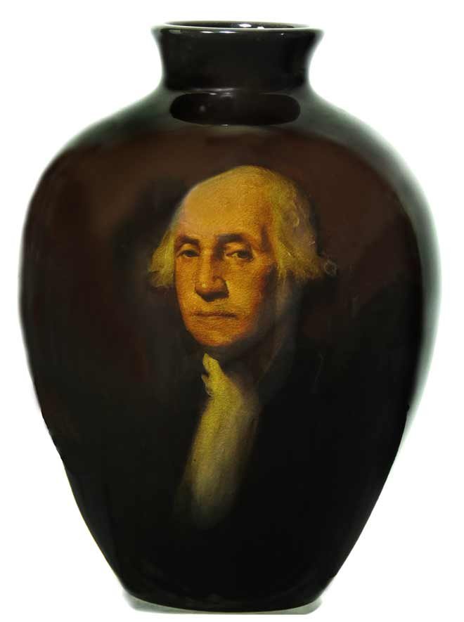 ROOKWOOD POTTERY VASE, GEORGE WASHINGTON: 1902, fourteen flame logo and 9 0 2/C dark brown standard glaze with portrait of George Washington after Gilbert Stuart, 8.5”h