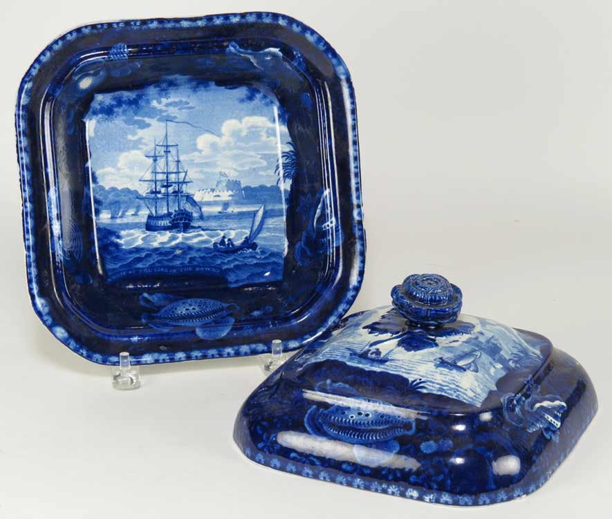 STAFFORDSHIRE HISTORICAL DEEP BLUE ENTREE DISH: A SHIP OF THE LINE IN THE DOWNS, covered square-form, shell border, 6”h; 9.5”square