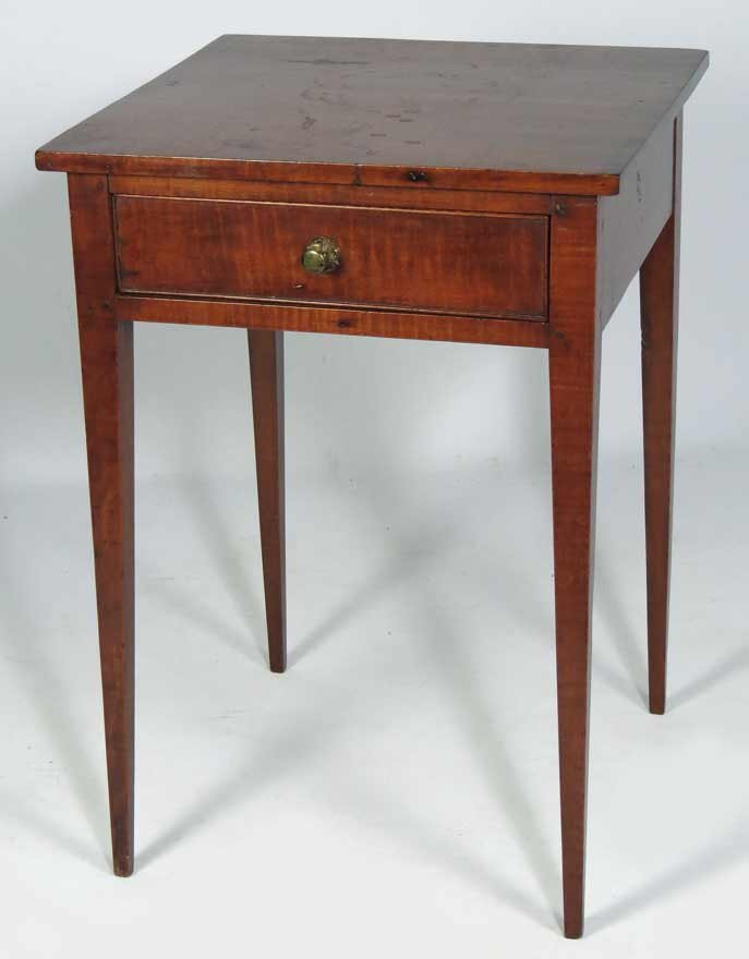 NEW ENGLAND HEPPLEWHITE TIGER MAPLE STAND: c. 1825, square top with beaded edge, one drawer, on square tapering legs, 25.5”h; 16”sq.